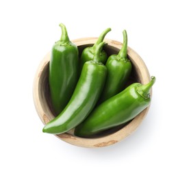 Photo of Green jalapeno peppers in bowl isolated on white, top view