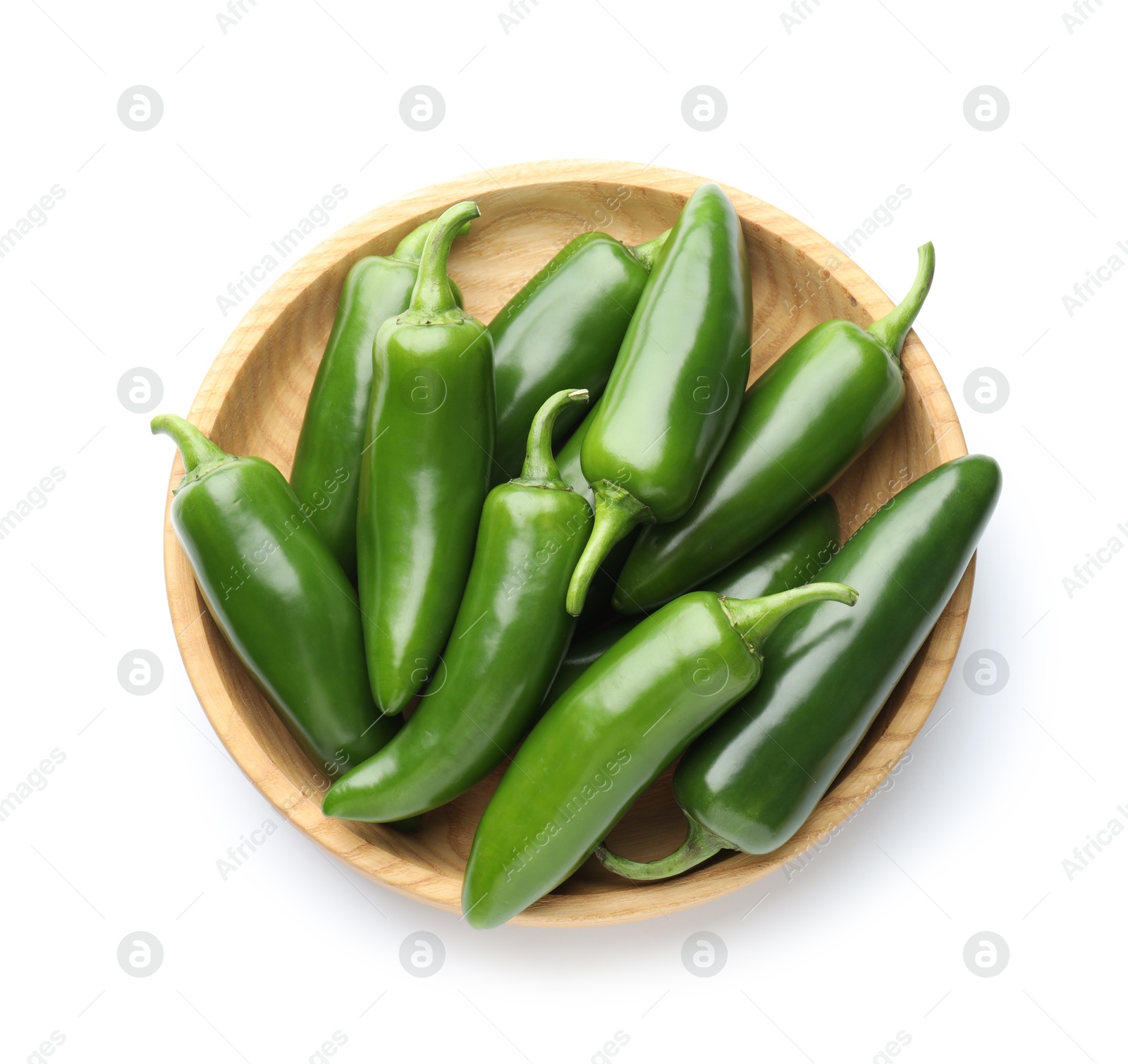Photo of Green jalapeno peppers in bowl isolated on white, top view