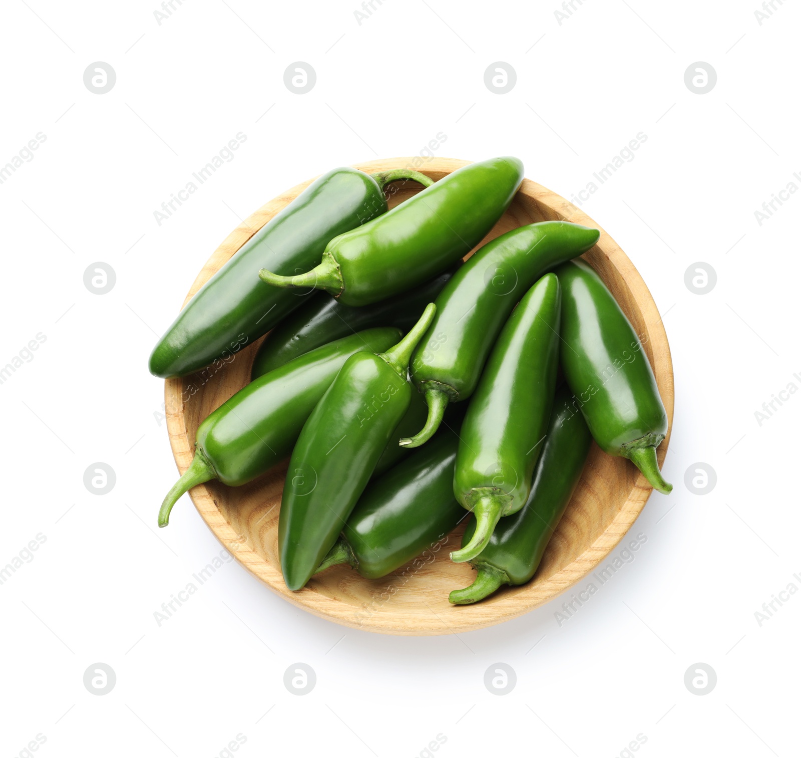 Photo of Green jalapeno peppers in bowl isolated on white, top view