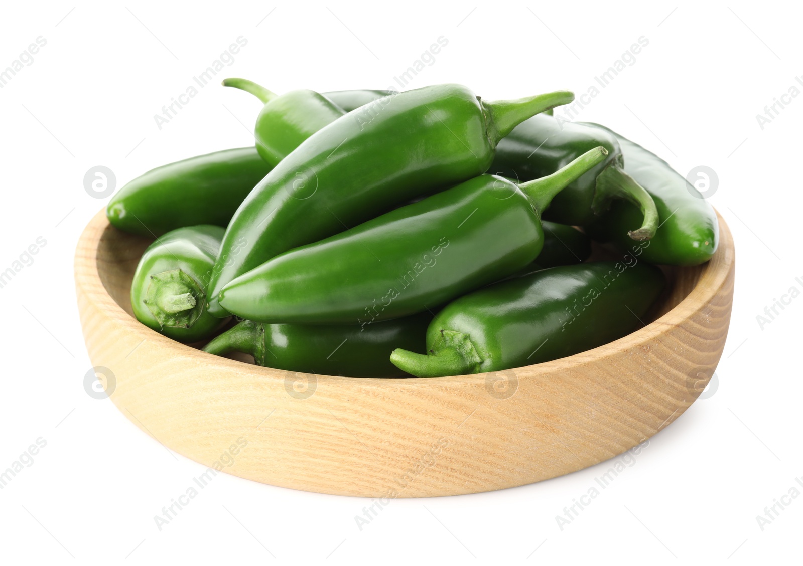 Photo of Green jalapeno peppers in bowl isolated on white