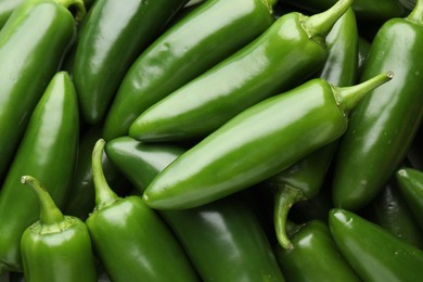 Photo of Many green jalapeno peppers as background, closeup