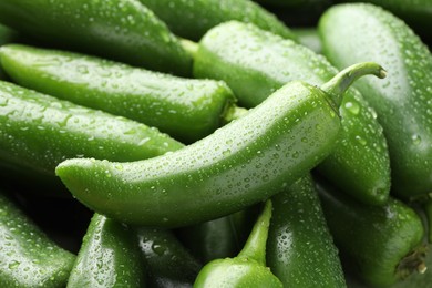 Photo of Many wet green jalapeno peppers as background, closeup