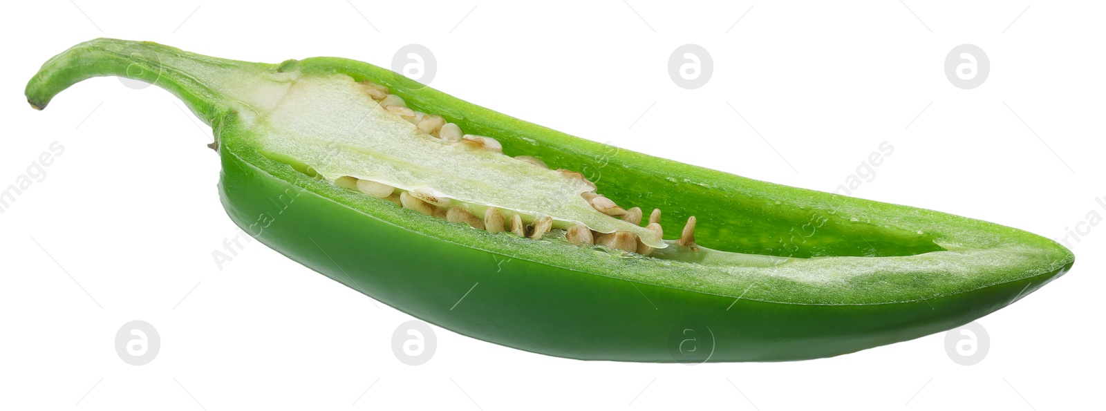 Photo of Half of green jalapeno pepper isolated on white