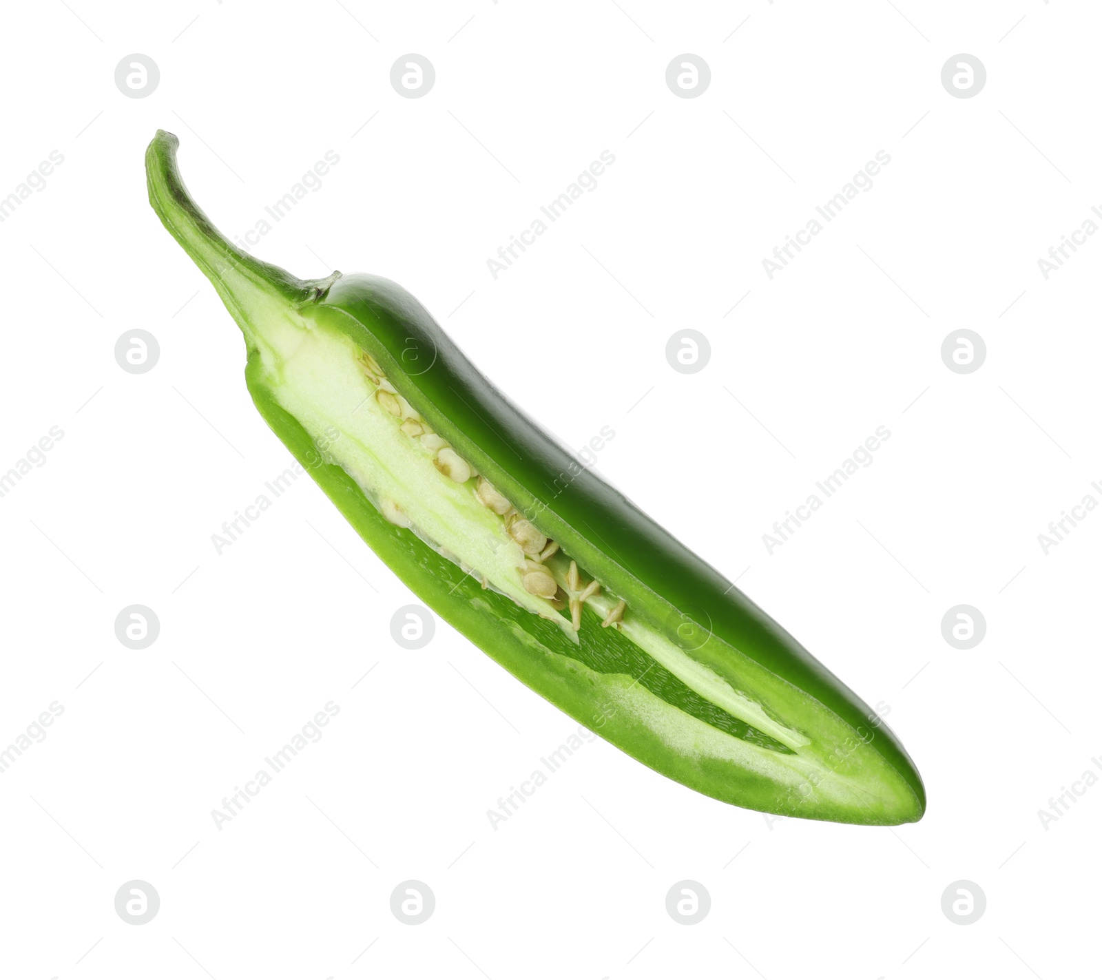 Photo of Half of green jalapeno pepper isolated on white