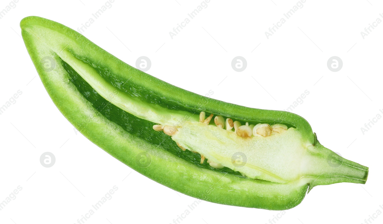 Photo of Half of green jalapeno pepper isolated on white