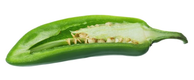 Photo of Half of green jalapeno pepper isolated on white