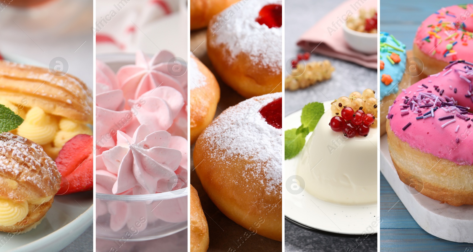 Image of Fluffy or airy food texture. Collage with different desserts