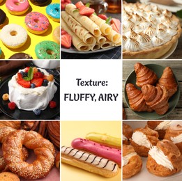 Image of Fluffy or airy food texture. Collage with different desserts