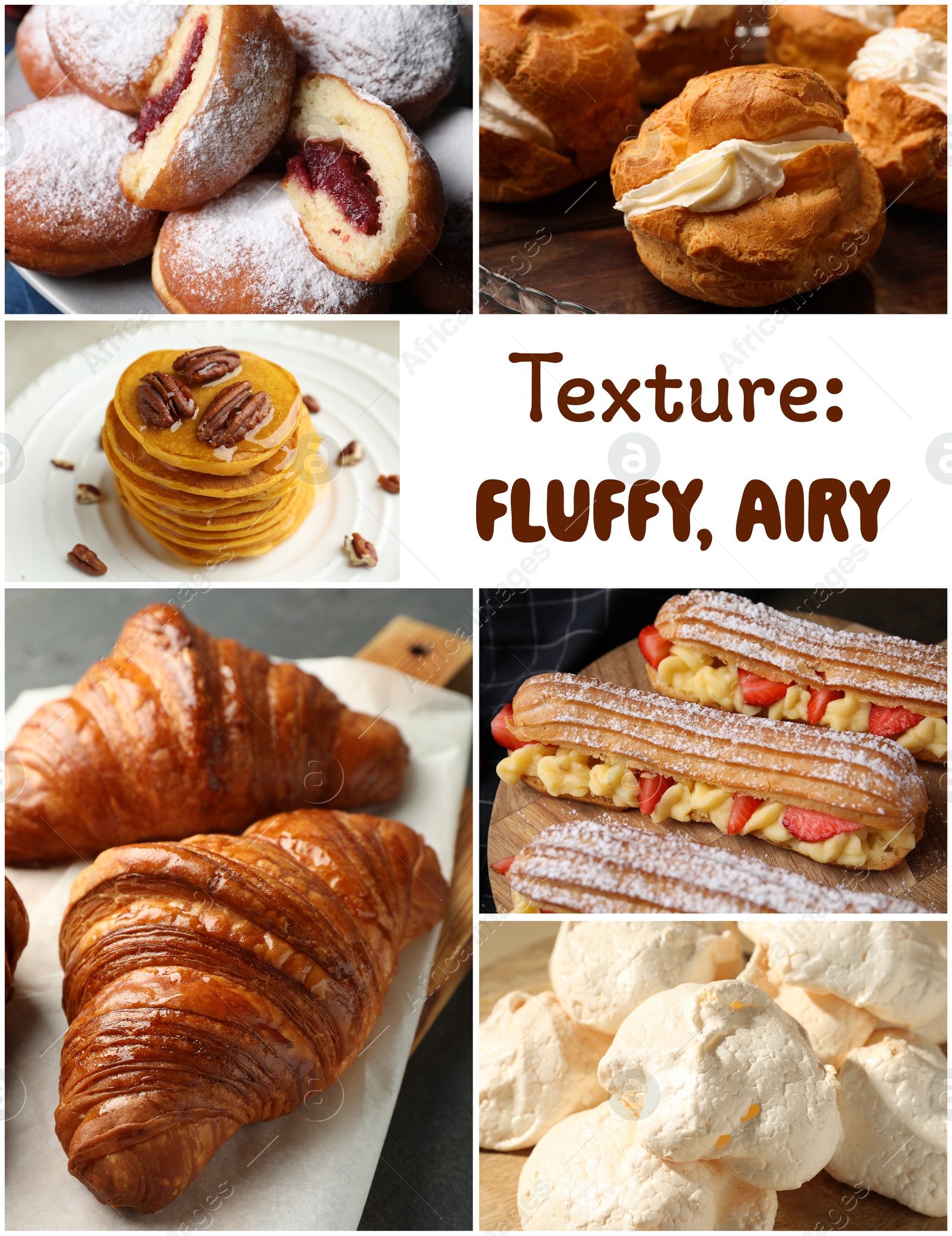 Image of Fluffy or airy food texture. Collage with different desserts