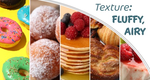 Image of Fluffy or airy food texture. Collage with different desserts