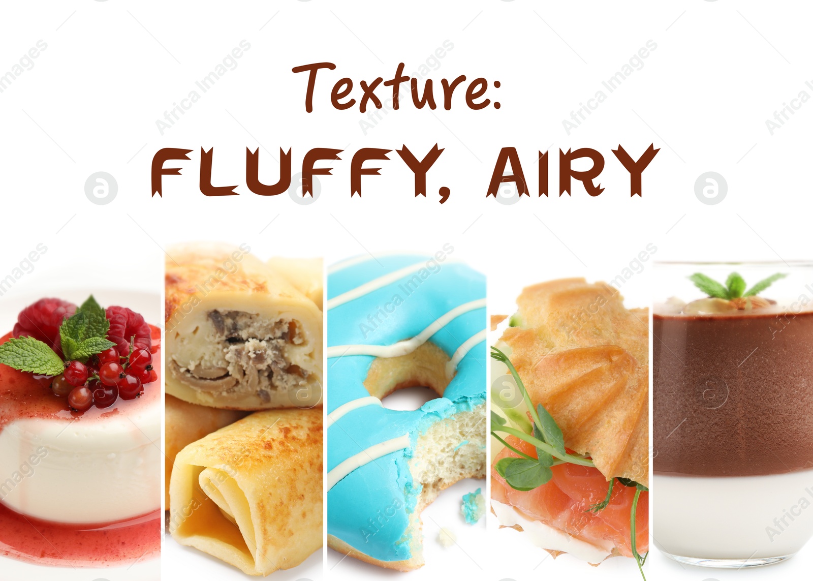 Foods with fluffy or airy texture, collage on white background Image of Foods with fluffy or airy texture, collage on white background