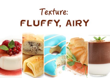 Image of Foods with fluffy or airy texture, collage on white background