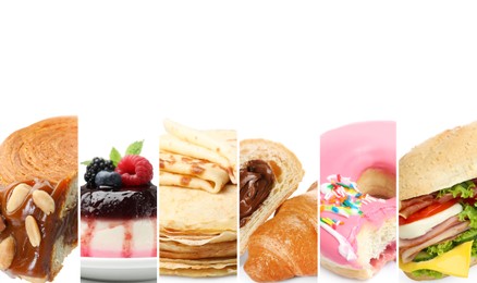 Image of Foods with fluffy or airy texture, collage on white background