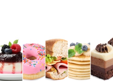 Image of Foods with fluffy or airy texture, collage on white background