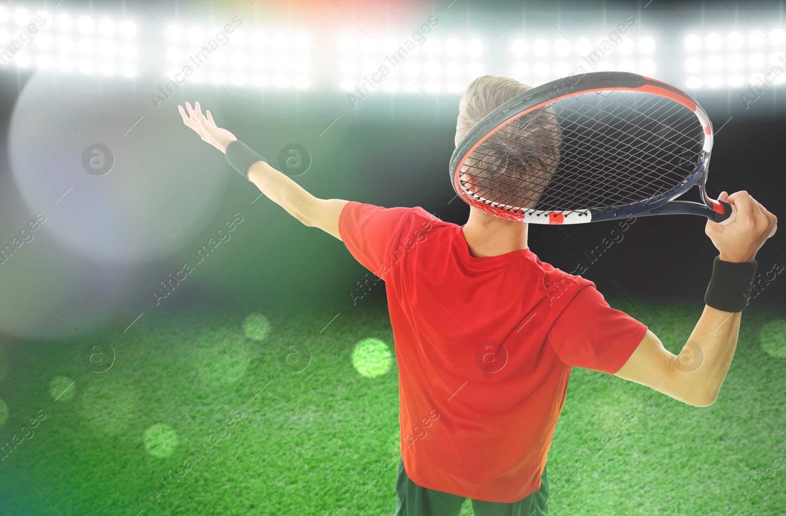 Image of Man with racket playing tennis at stadium. Banner design