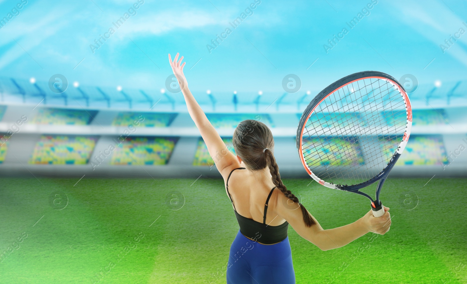 Image of Woman playing tennis at stadium, banner design