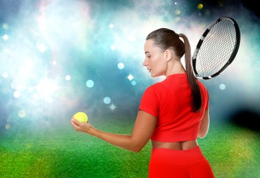 Image of Woman in red sportswear playing tennis at stadium