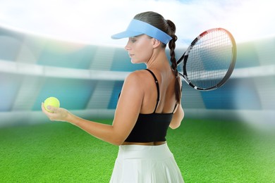 Image of Woman with tennis racket and ball at stadium