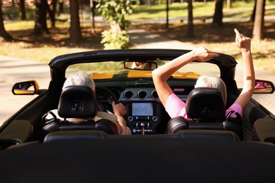 Photo of Senior couple enjoying cabriolet ride in city, back view