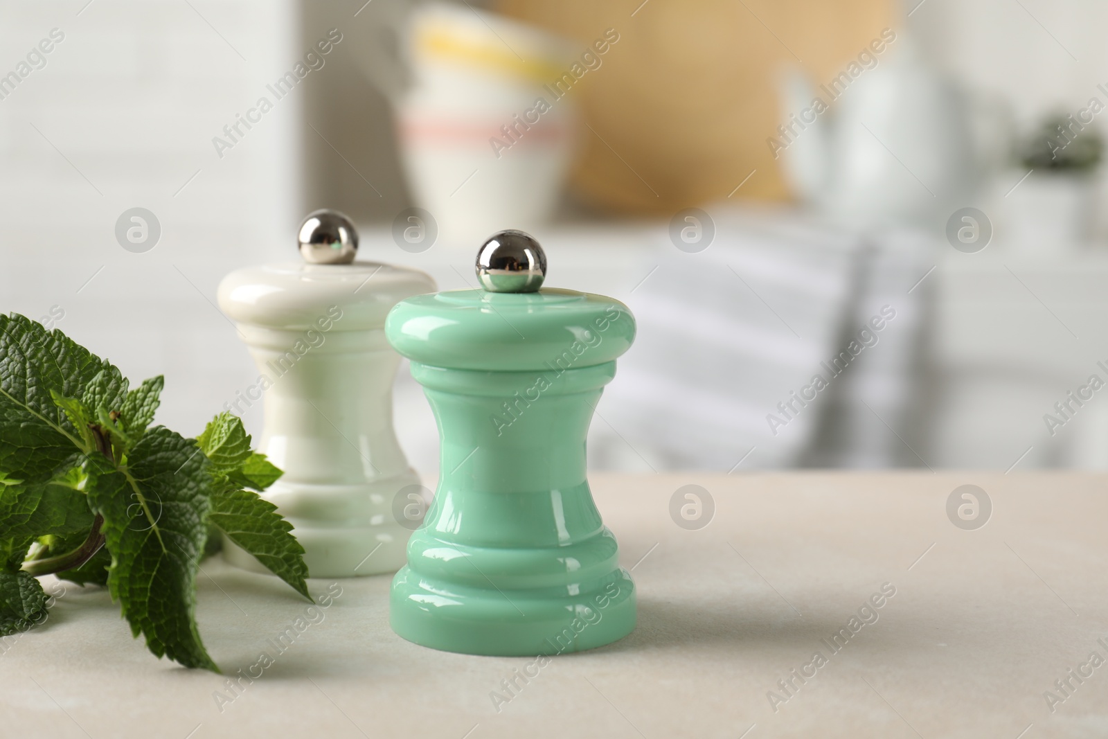 Photo of Salt, pepper mills and mint on light table in kitchen, closeup. Space for text