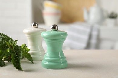 Photo of Salt, pepper mills and mint on light table in kitchen, closeup. Space for text