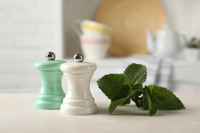 Photo of Salt, pepper mills and mint on light table in kitchen, closeup