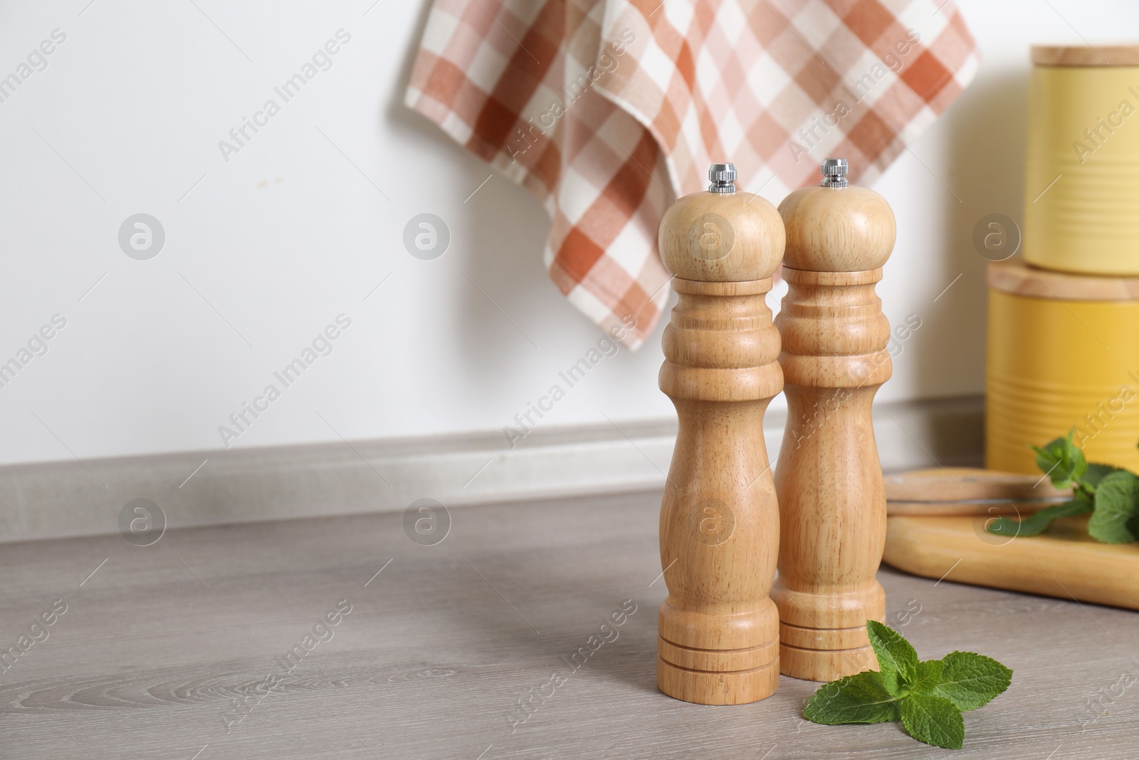 Photo of Salt, pepper mills and mint on grey wooden counter near white wall, closeup. Space for text