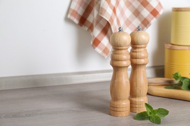 Photo of Salt, pepper mills and mint on grey wooden counter near white wall, closeup. Space for text