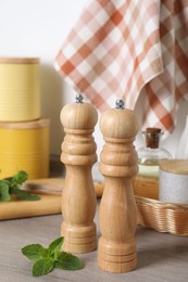 Photo of Salt, pepper mills and mint on grey wooden counter near white wall, closeup