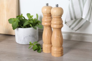 Photo of Salt, pepper mills and mint on grey wooden counter near white wall, closeup