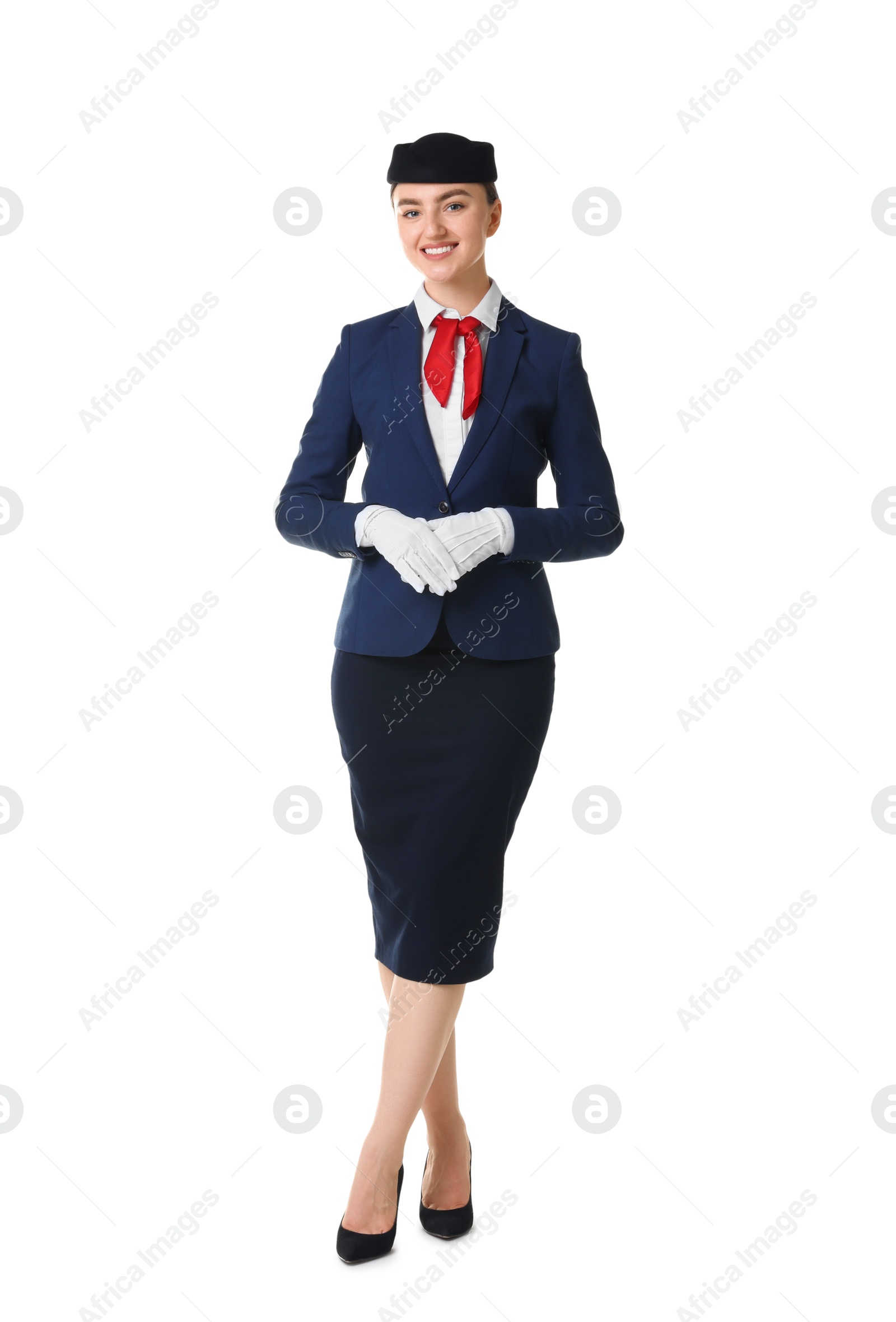 Photo of Charming stewardess in uniform on white background