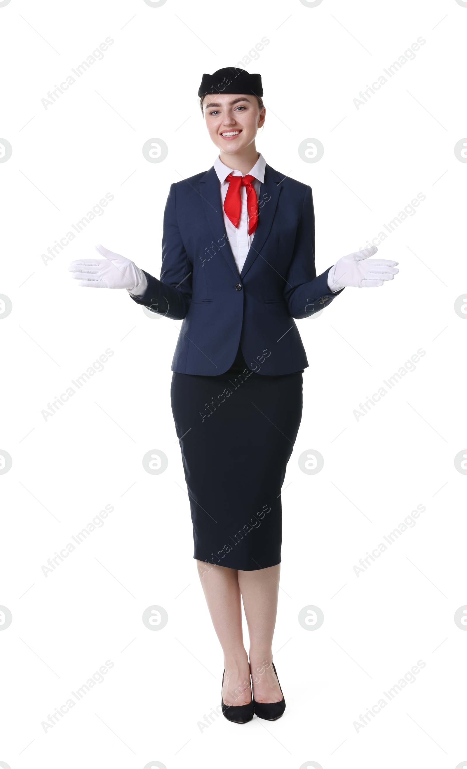 Photo of Positive stewardess doing pre-flight safety briefing on white background