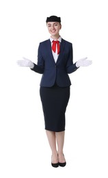 Photo of Positive stewardess doing pre-flight safety briefing on white background