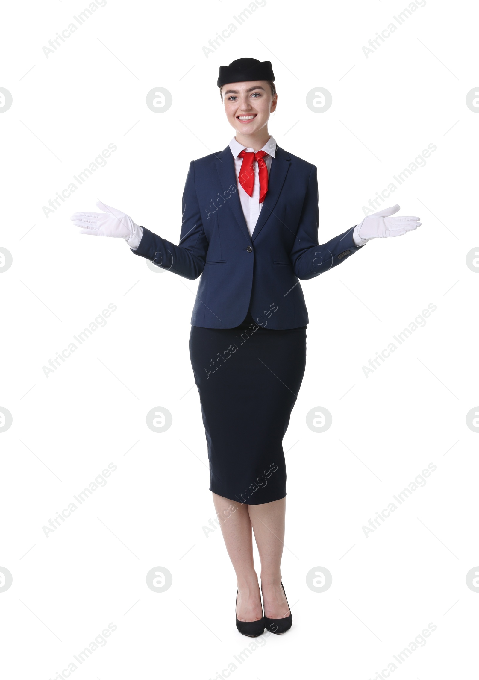 Photo of Positive stewardess doing pre-flight safety briefing on white background