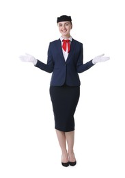 Photo of Positive stewardess doing pre-flight safety briefing on white background
