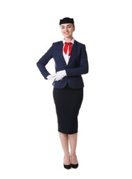 Photo of Charming stewardess in uniform on white background
