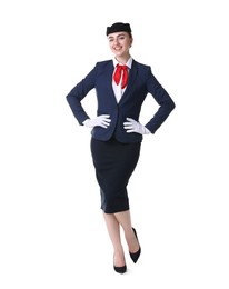 Photo of Charming stewardess in uniform on white background