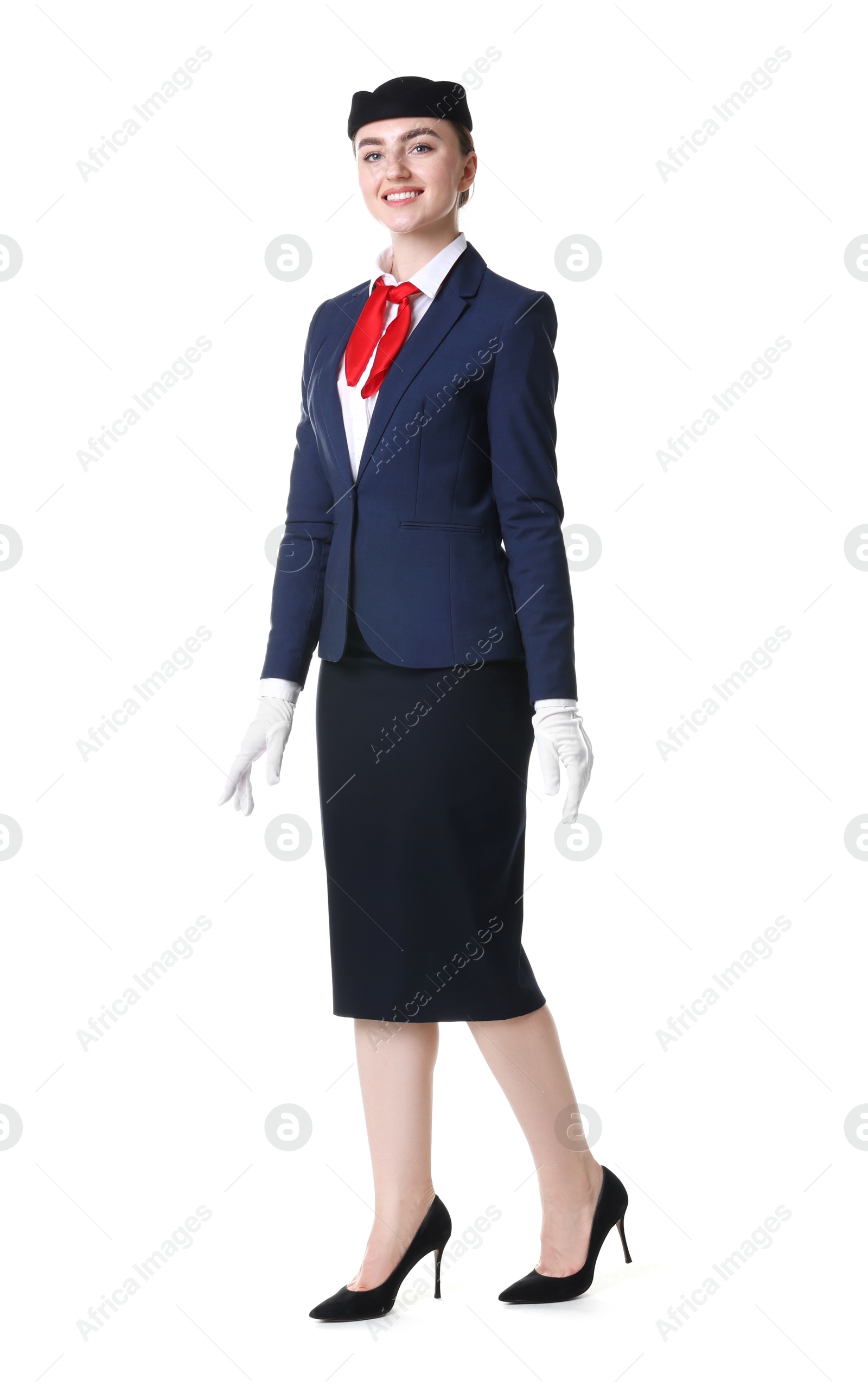 Photo of Charming stewardess in uniform on white background