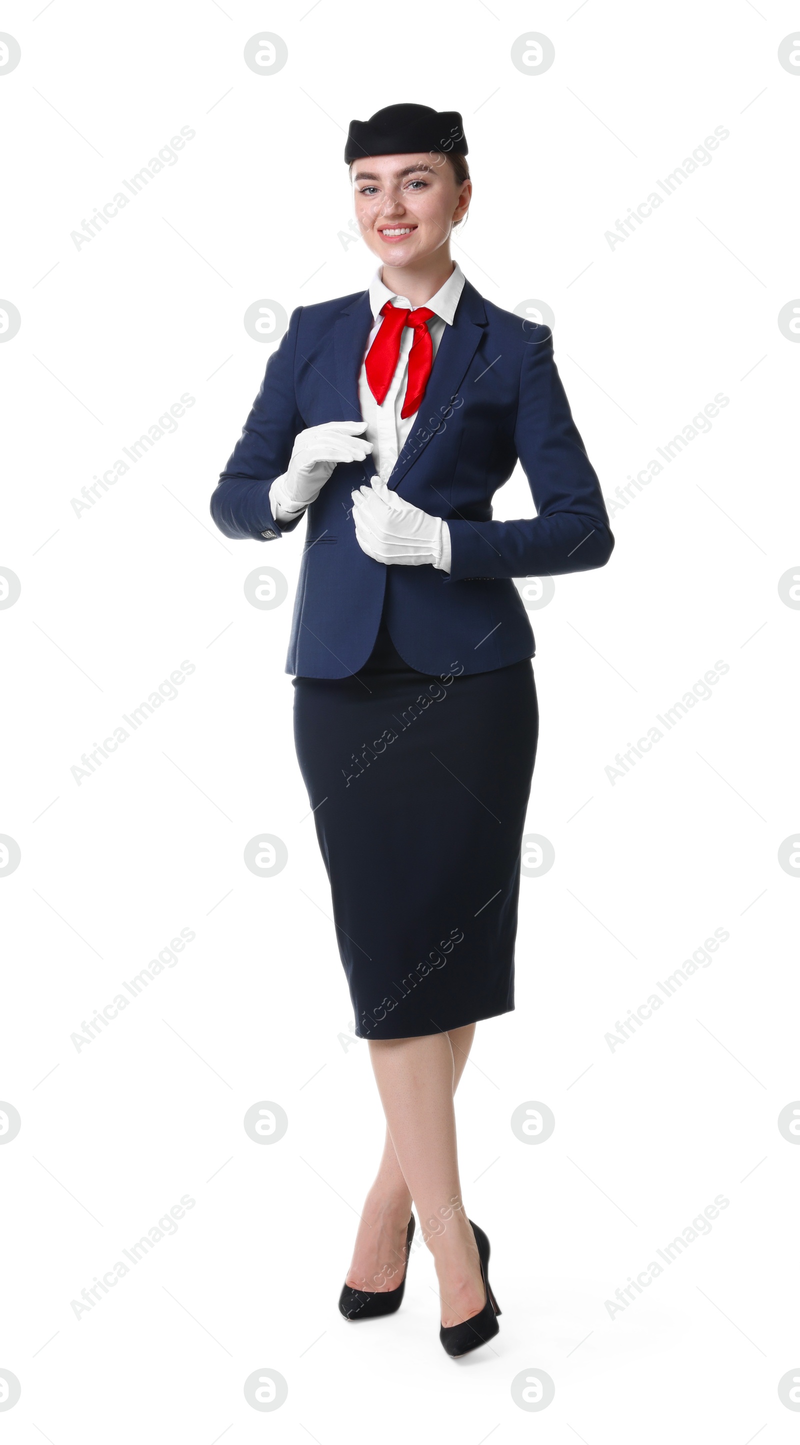 Photo of Charming stewardess in uniform on white background