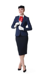 Photo of Charming stewardess in uniform on white background