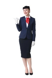 Photo of Beautiful stewardess showing something on white background