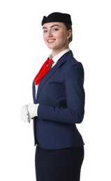 Photo of Charming stewardess in uniform on white background