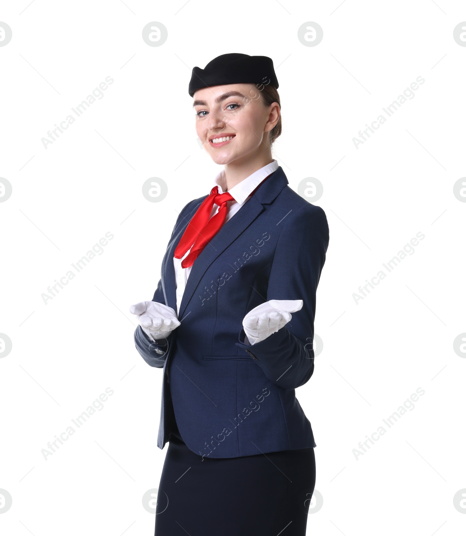 Photo of Charming stewardess showing something on white background