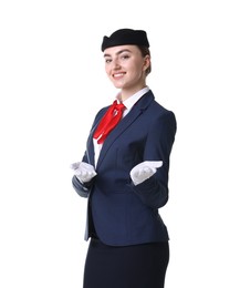 Photo of Charming stewardess showing something on white background