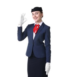 Photo of Charming stewardess showing okay gesture on white background