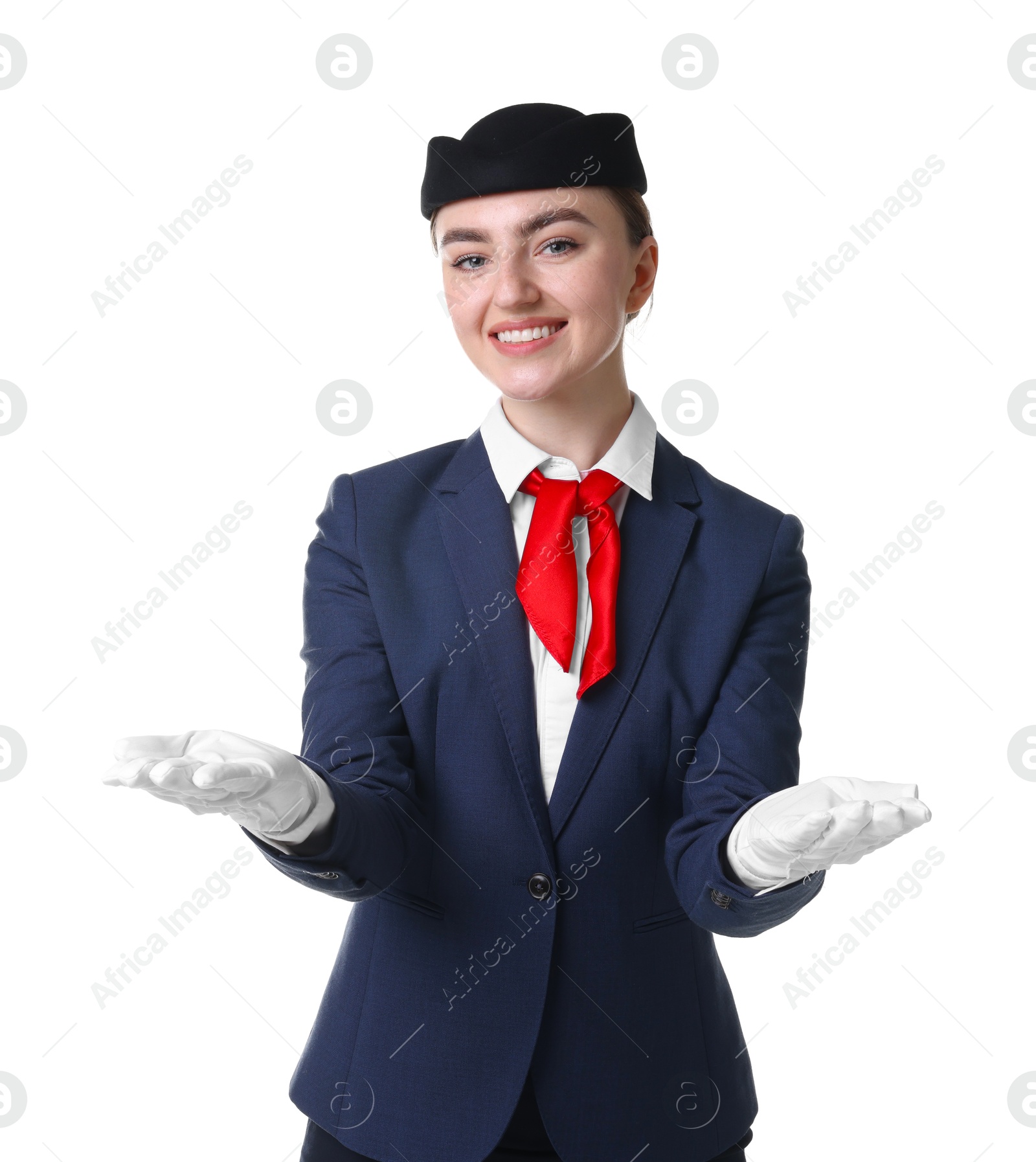 Photo of Positive stewardess doing pre-flight safety briefing on white background
