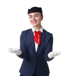 Photo of Positive stewardess doing pre-flight safety briefing on white background