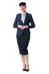 Photo of Charming stewardess in uniform on white background