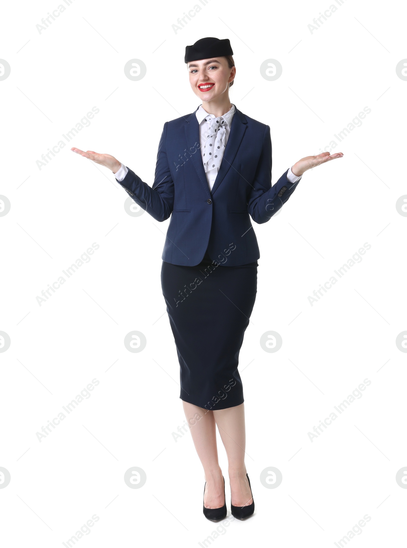 Photo of Positive stewardess doing pre-flight safety briefing on white background