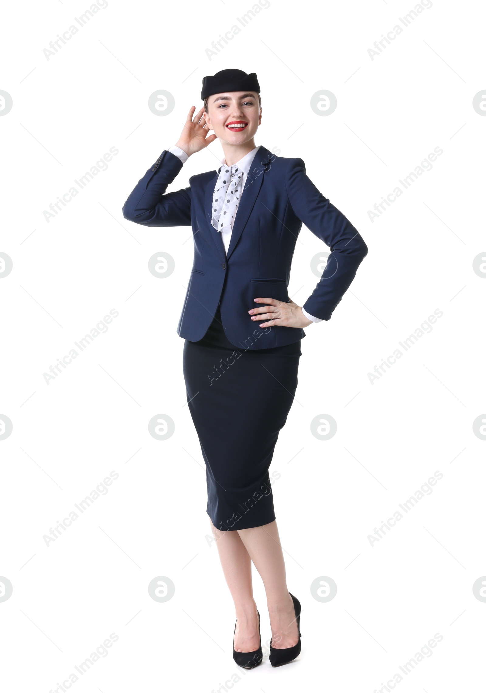 Photo of Charming stewardess in uniform on white background
